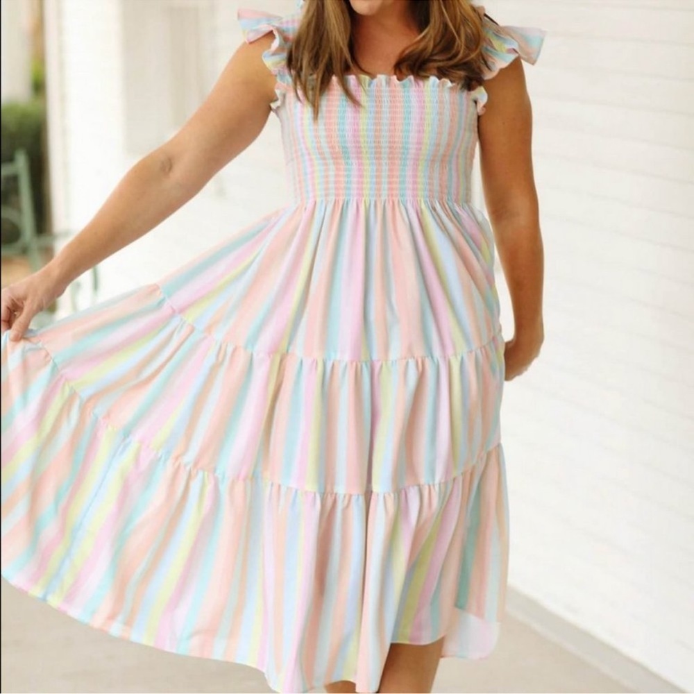 The Smocking Place Women’s Smocked Midi Dress in Pastel Stripe Size Medium